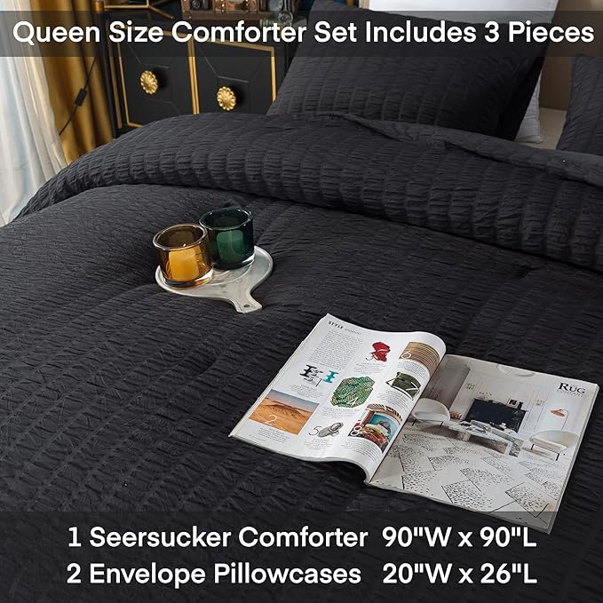 AveLom Seersucker Queen Comforter Set (90x90 inches), 3 Pieces - 100% Soft Washed Microfiber Lightweight Comforter with 2 Pillowcases, All Season Down Alternative Comforter Set for Bedding, Black
