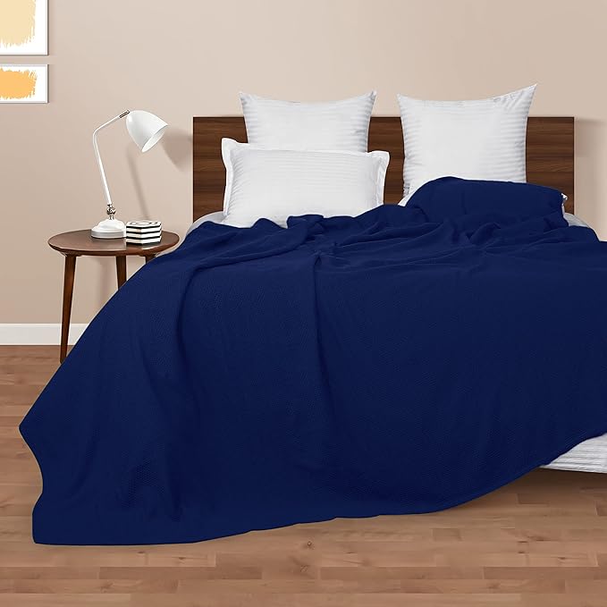 BOUTIQUO 100% Cotton Bed Blanket, Breathable Thermal Blanket Full -Queen Size,Soft Honeycomb Waffle Blanket 90*90inch,Cotton Bed Blanket,Perfect for Layering Any Bed for All Season,Navy Blue 70475