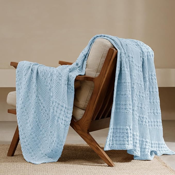 PHF 100% Cotton Waffle Weave Throw Blanket, Soft Lightweight Breathable Cozy Throws for Couch Bed Sofa, 300 GSM Luxury Aesthetic Blanket Gift for Home Decor & Office, 50"x60", Baby Blue