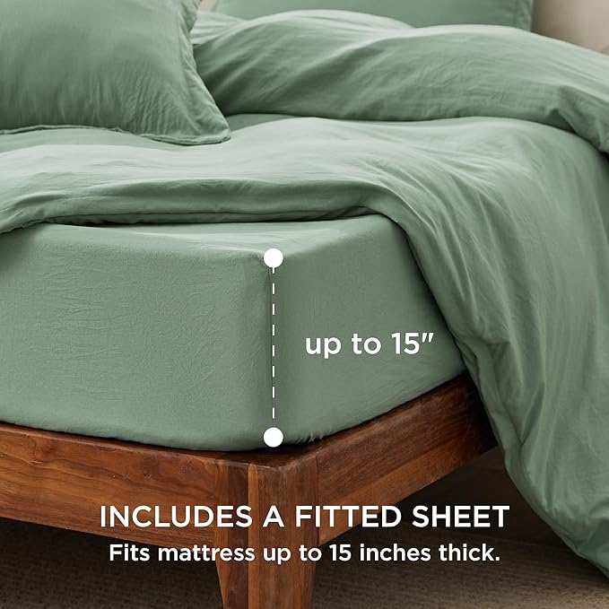 Bedsure Duvet Cover King Size with Fitted Sheet - 4 Pieces Prewashed Cotton-Like Extra Soft Bedding Set, Includes 1 Duvet Cover 104x90 Inches, 2 Pillow Shams, 1 Fitted Sheet, Sage Green