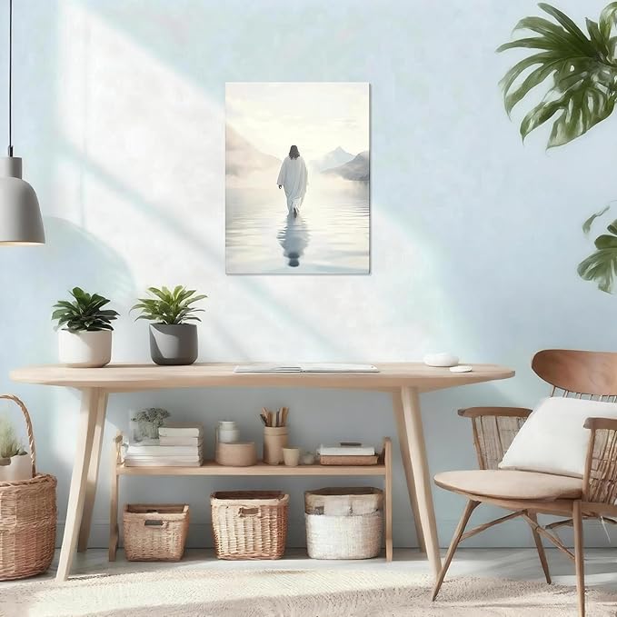 Framed Jesus Walking on Water Wall Art, Christian Canvas Wall Decor Pictures, I Will Walk With Christ Posters Prints Religious Home Decor for Living Room Bedroom Church Prayer Room12x16 inch