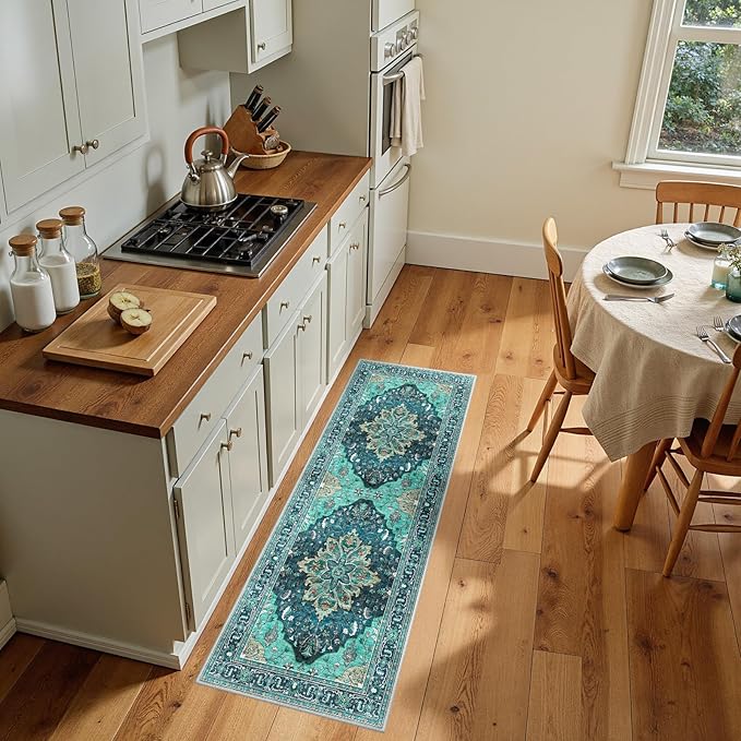 RELEANY Area Rugs 2'x5' Washable Non-Slip, Floral Vintage Distress Print Pattern Medallion Carpet for Living Room Bedroom Dining Room, Teal Green Lake Blue Turquoise