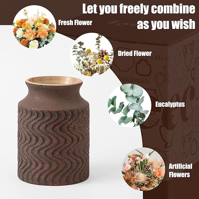 Farmhouse Vase, Vintage Decorative vase for Home Decor, 7.8in Ceramic Flower Vases for Centerpieces, Vase for Dining Table Decor - Decoration Vases Lyeec