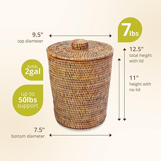 KOUBOO La Jolla Rattan Round Waste Basket With Lid & Plastic Insert, 2 Gallon Woven Wastebasket for Bathroom, Kitchen, Office, Living Room, & Home Decor, Honey Brown