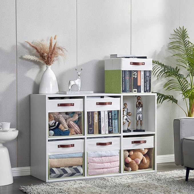 Storage Cubes, 4 Pack Linen Foldable Storage Bins (13 x 13 inch) with Clear Window and Handles, Fabric Organizer for Shelf Closet, Clothes, Books - (Green and White)