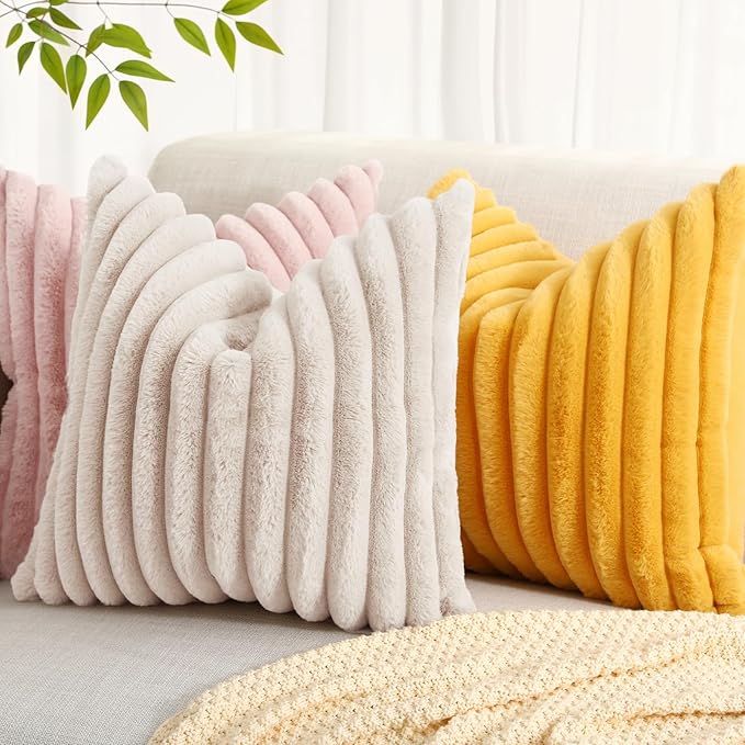 decorUhome Faux Fur Spring Throw Pillow Covers 24x24 Set of 2, Decorative Soft Plush Striped Neutral Couch Euro Sham Pillow Covers with Velvet Back for Sofa, Bed, Living Room Home, Beige
