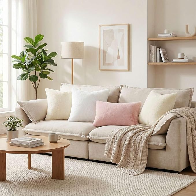 Pallene Faux Fur Plush Lumbar Throw Pillow Covers 12x20 Set of 2, Soft Fluffy Couch Pillow Covers for Living Room, Beige