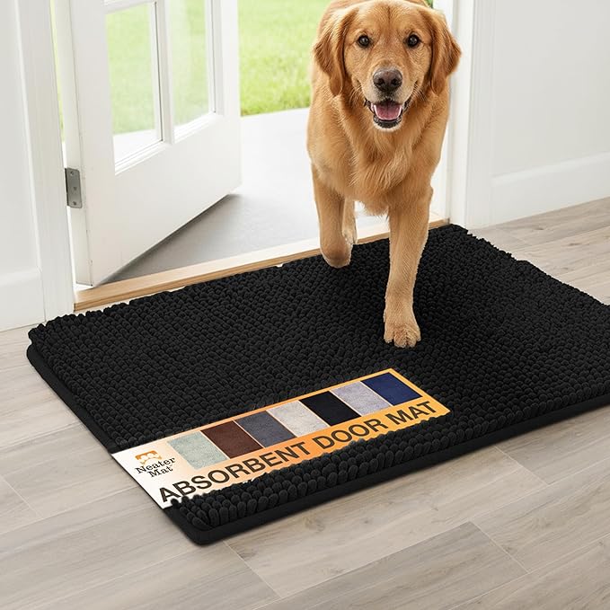 Neater Pets Chenille Dog Door Mat 24” x 17” – Super Absorbent & Quick-Dry Muddy Paws Doormat for Trapping Dirt, Water, Mud - Non-Slip & Machine Washable Pet Rugs for Entryway, Indoor Mud Mats, Black