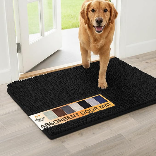 Neater Pets Chenille Dog Door Mat 24” x 17” – Super Absorbent & Quick-Dry Muddy Paws Doormat for Trapping Dirt, Water, Mud - Non-Slip & Machine Washable Pet Rugs for Entryway, Indoor Mud Mats, Black