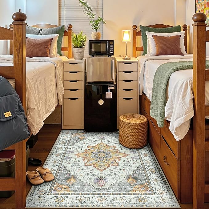 RELEANY Area Rugs 4'x6' Washable Non-Slip, Floral Vintage Distress Print Pattern Medallion Carpet for Living Room Bedroom Dining Room, Light Yellow Carbon Grey Orange
