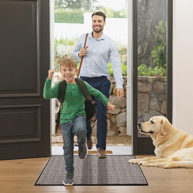 GRANNY SAYS Front Door Mat Indoor Entrance, Indoor Doormat Non Slip Washable, Low Profile Outdoor Welcome Mat, 32" x 20" Resist Dirt Absorbent Mats for Entryway, Floor, Black Beige