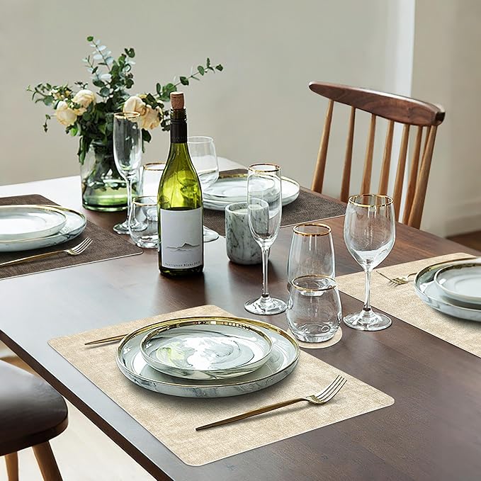 Placemats Set of 4, Faux Leather Heat Resistant Wipeable Placemats, Dual Sided Waterproof Washable Table Mats with Coaster, Suitable for Kitchen, Dining, Table Decor (4, Beige Dark Coffee)