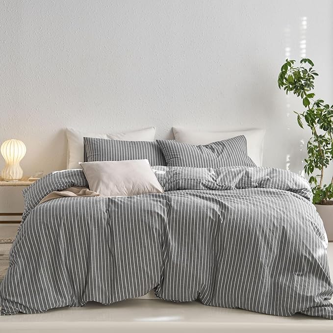 MooMee Striped Duvet Cover Set 100% Washed Cotton Linen Like Textured Breathable Durable Soft Comfy (Dark Grey White Wide Stripes, Full 80"x90")
