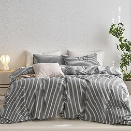 MooMee Striped Duvet Cover Set 100% Washed Cotton Linen Like Textured Breathable Durable Soft Comfy (Dark Grey White Wide Stripes, Full 80"x90")