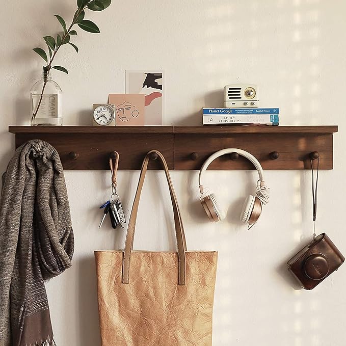 Entrance Coat Rack ，Coat Hooks, Wall-Mounted Wooden Hook Rack, Wall-Mounted Shelves are Very Suitable (Walnut Color Finish—A-2)
