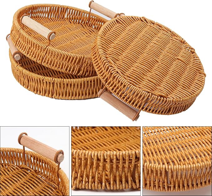 4 Pack 9.7 inch Round Rattan Tray, Round Woven Serving Basket with Handles, Storage Rattan Serving Trays for Home, Restaurant & Hotel Use, Durable & Easy-Cleaning