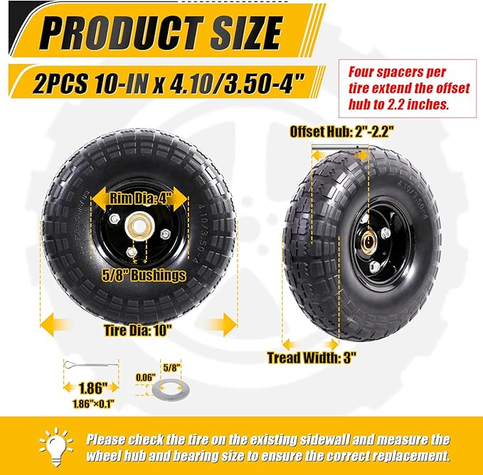 MZREXN 2-Pack 10" Flat Free Solid Tires 4.10/3.50-4 Tire and Wheel, with 5/8" Axle Bore Hole, 2"-2.2" Offset Hub, for Hand Truck, Garden Cart,Trolleys, Yard Trailers, Utility Cart, Black