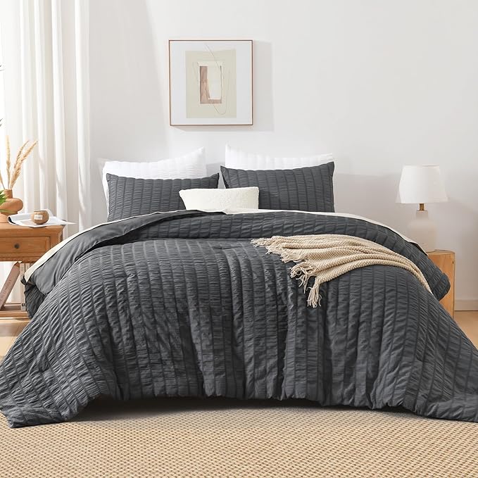 AveLom Seersucker Full Comforter Set (80x90 inches), 3 Pieces - 100% Soft Washed Microfiber Lightweight Comforter with 2 Pillowcases, All Season Down Alternative Comforter Set for Bedding, Gray