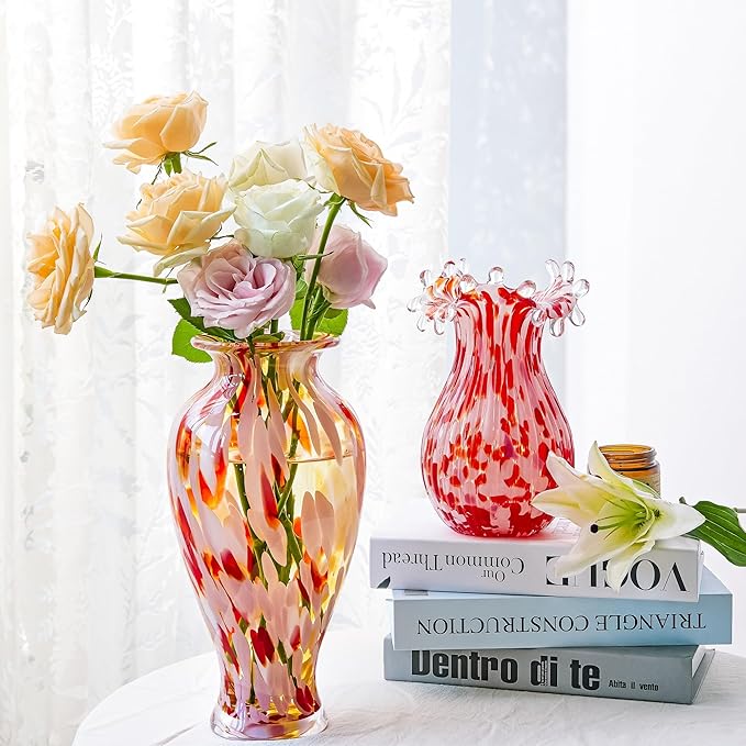 QFkris Hand Blown Glass Vase for Flowers, 12 Inch Tall Crystal Flower Vases for Bouquet Home Decor Decorative Centerpieces, Unique Galentines Day Gift, Valentine's Day Gift for Her Lover Girlfriend