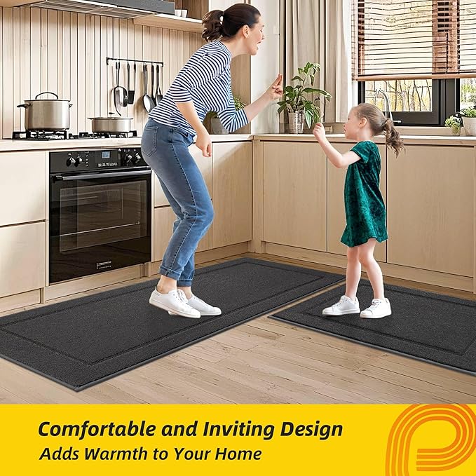 JSEI Non-Slip Kitchen Mats, Self Adhesive No Sliding Kitchen Rugs Set of 2, Washable Absorbent Floor Mat for Kitchen, Bathroom, Laundry Room, Bedroom, 24”x36”+24”x60”, Dark Grey, Rectangular Pattern
