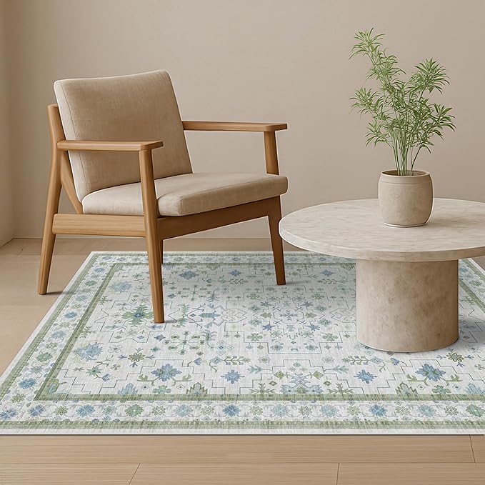 Hazo Haus Blue and Green Washable Rugs for Living Room - 4x8 Vintage Boho Floral Pastel Cream, Washable Low Pile Non Slip Area Rug for Bedroom Beside Bed, Door Mat Indoor Entrance, Kitchen, Decor