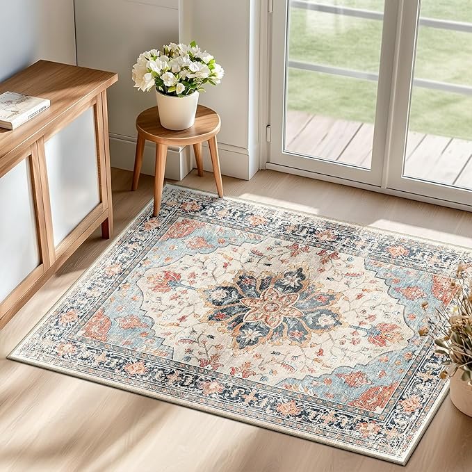 RELEANY Area Rugs 2'x3' Washable Non-Slip, Floral Vintage Distress Print Pattern Medallion Carpet for Living Room Bedroom Dining Room, Beige Navy Blue Orange Colorful