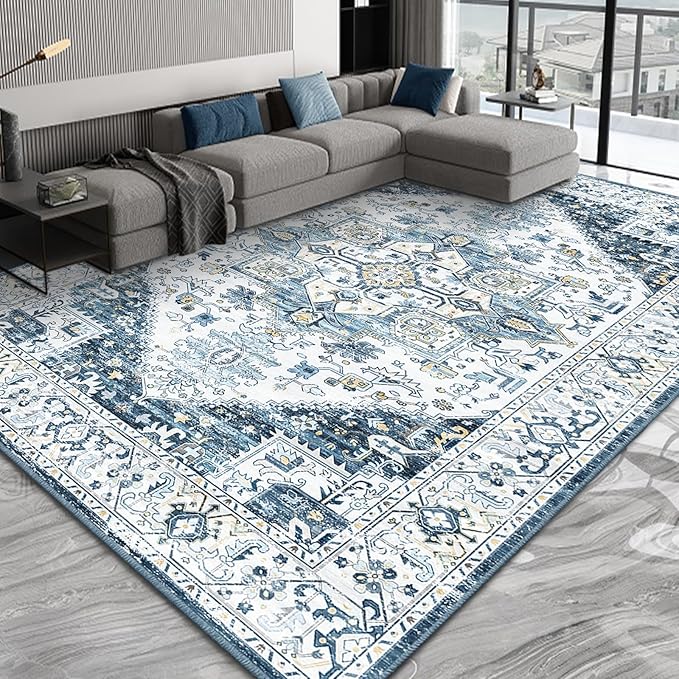 Fortsea 8x10 Area Rugs for Living Room, Machine Washable Non Slip Vintage Retro Rugs, Low Pile Lightweigt Chenille Print Indoor Rug for Bedroom, Dining Room, Home Office (Blue Gold Cream 8X10)…