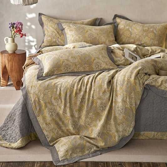 LifeTB Vintage Flower Duvet Cover King Yarn-Dyed Cotton Linen Textured Duvet Cover Jacquard Golden Floral Duvet Cover Bordered Garden Style Botanical Comforter Cover Chic Farmhouse Bedding Set King