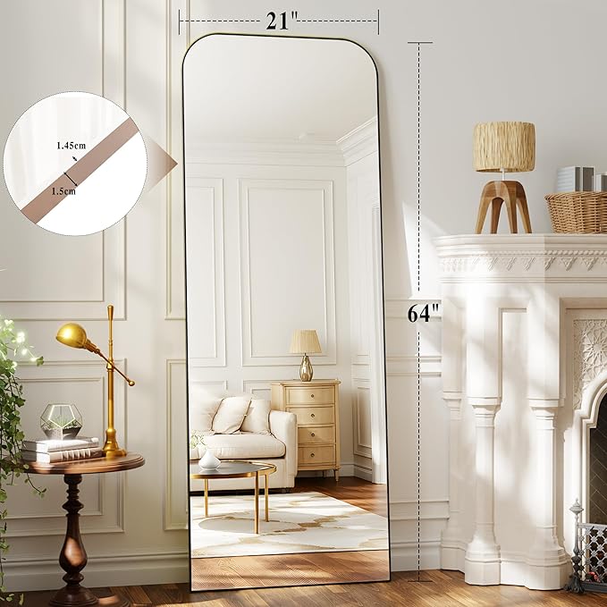 Full Length Mirror 64"x21" Mirror Full Body with Aluminum Alloy Frame Top Square-Edged Floor Mirror with Stand for Bedroom Living Room Black