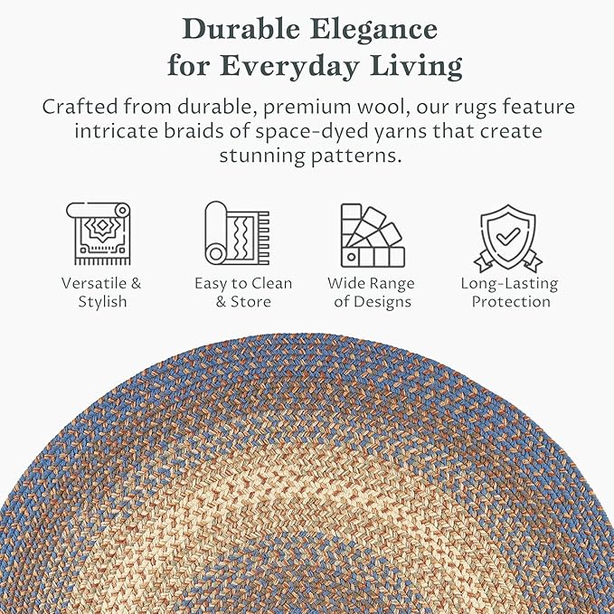 RRI Home Decor EastEnd EL93 Blue Lake 4' x 4' Round - Braided Area Rug, Home Decor, Floor Mat or Bedroom Rug - Easy Care, Ideal for High Traffic Areas in Hallway and Living Room - Made in USA