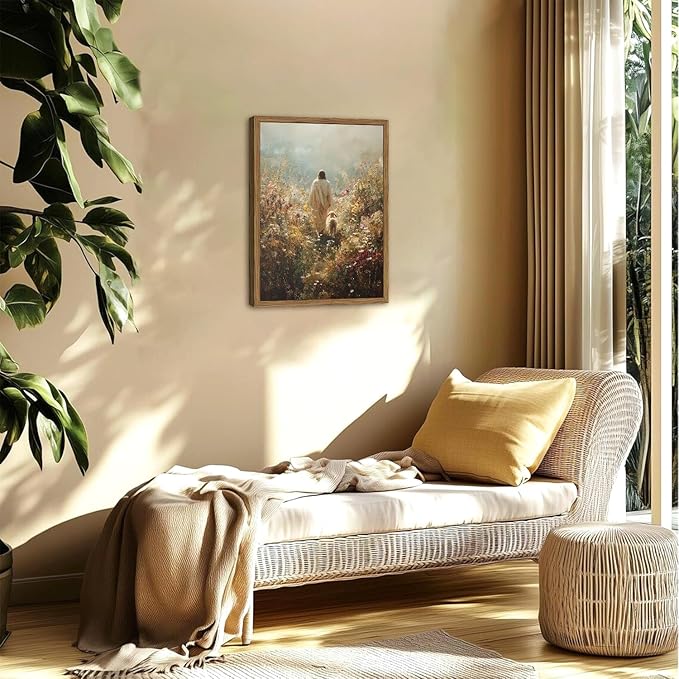 Jesus Leaves the 99 Sheep Wall Art, Jesus and Lamb Canvas Pictures, Lost Lamb Wall Decor Paintings Christian Bible Posters Prints Artwork for Living Room Prayer Room Bedroom 12x16 Inch Wood Framed
