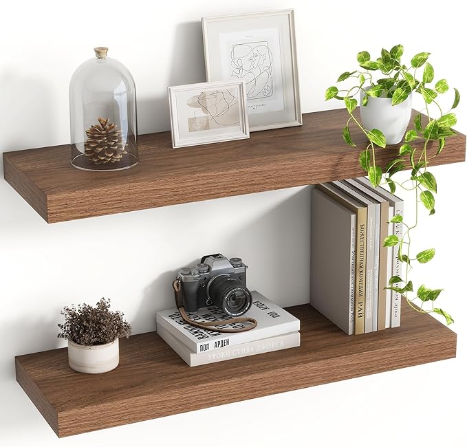 24 Inch Floating Shelves, 8 Inch Deep Floating Shelves for Wall, Hanging Shelf with Invisible Brackets, Deep Shelves for Bathroom, Bedroom, Living Room, Walnut, Set of 2