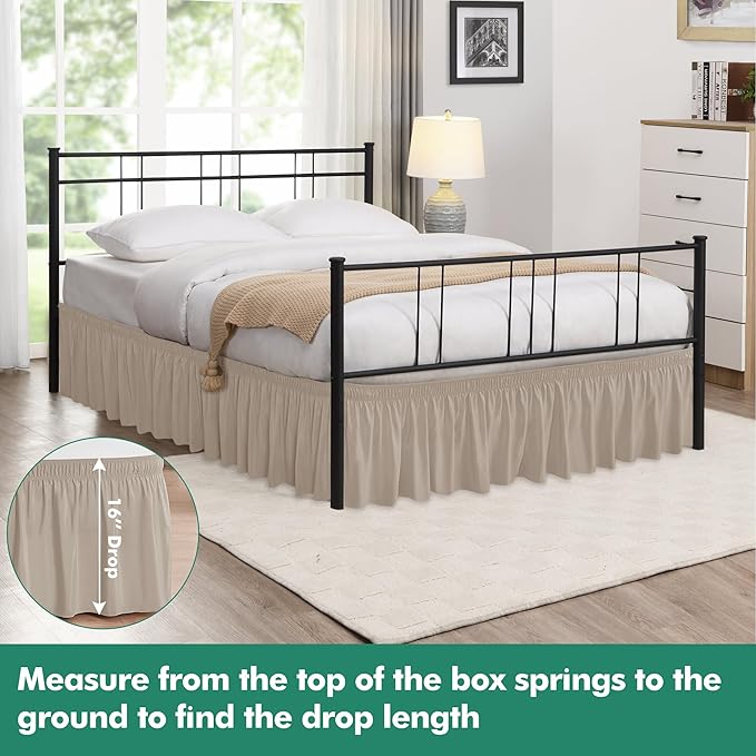 Biscaynebay Wrap Around Bed Skirts with Split Corners for Queen Beds 16" Drop, Light Camel Elastic Dust Ruffles Adjustable Easy Fit Wrinkle & Fade Resistant Silky Luxurious Fabric Machine Washable