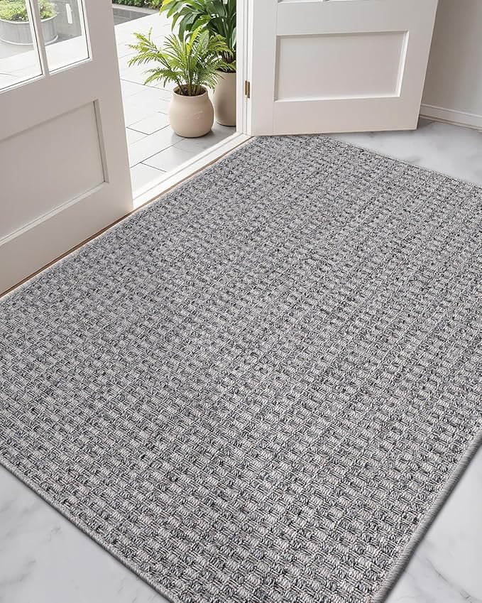 DEXI Dirt Trapper Door Mat, 48x72 Washable Doormat, Dirt Resistant and Absorbent, Easy Clean Low-Profile Floor Rugs for Entryway, Front Door, and Inside Entrance, Checkered Grey