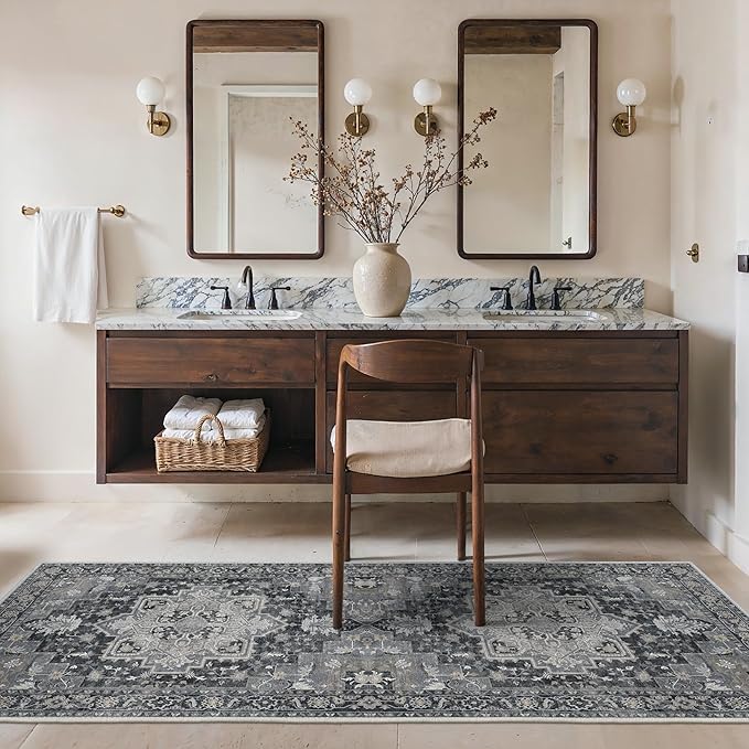 BESBLEE Runner Rug 2'6''x6, Machine Washable Runners, Non Slip Vintage Hallway Runner Rugs, Low Pile Lightweight Mat for Entryway, Hallway, Kitchen and Corridor, Dark Gray