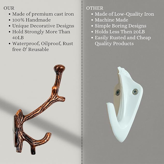 Set of 3 Cast Iron Tree Branch Shape Coat Hooks Wall Art Decor-Branch Shape Hangers and Key Holder-Clothes Rack and Backpack Hanger-Coat Hooks Home Decor for Storage,Living (Copper Antique)