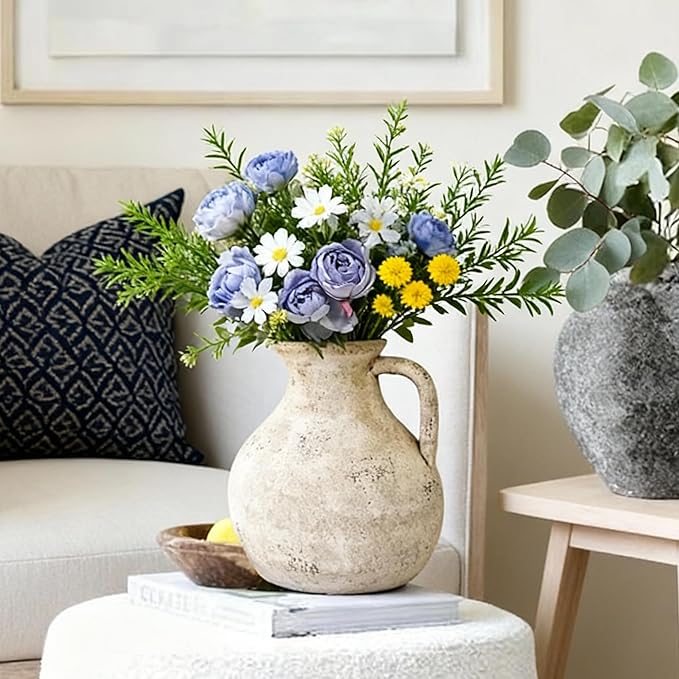 Ceramic Decorative Flower Vase 7 Inch Pottery Rustic Farmhouse Boho Terracotta Vase for Home Decor, Table, Living Room, Bathroom, Shelf, Mantel Decoration, Bronze