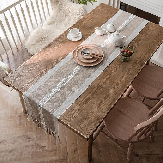 Niviy Farmhouse Table Runner Valentine's Day, House Warming Gifts New Home, Embroidered Striped Braided Coffee Boho Table Runner, Farmhouse Table Decoration for Holiday Party 12 x 72 Inches