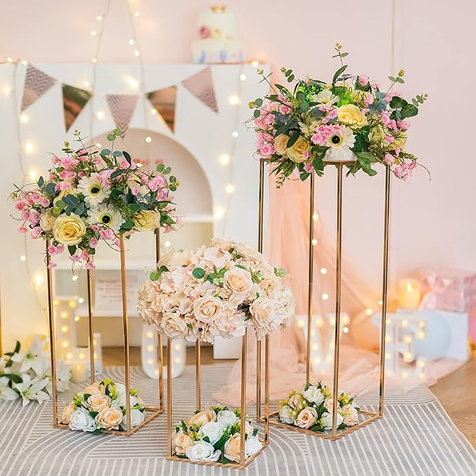 Sziqiqi Wedding Centerpieces for Tables Tall Metal Flower Stand Decorations for Weddings Party Gold Floor Geometric Vases for Events Reception Set of 3 (S+M+L, Gold)