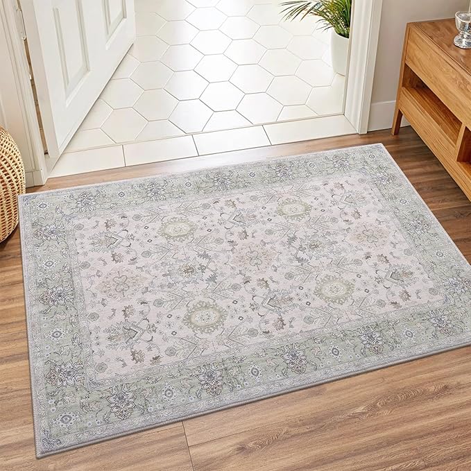 Vanmoos 2x3 Washable Area Rug – Soft, Non-Slip Entrance Rug, Durable Indoor Door mat, Floor Carpet for High-Traffic Areas, Entryway, Kitchen, and Bedside, Cozy Elegance/Green