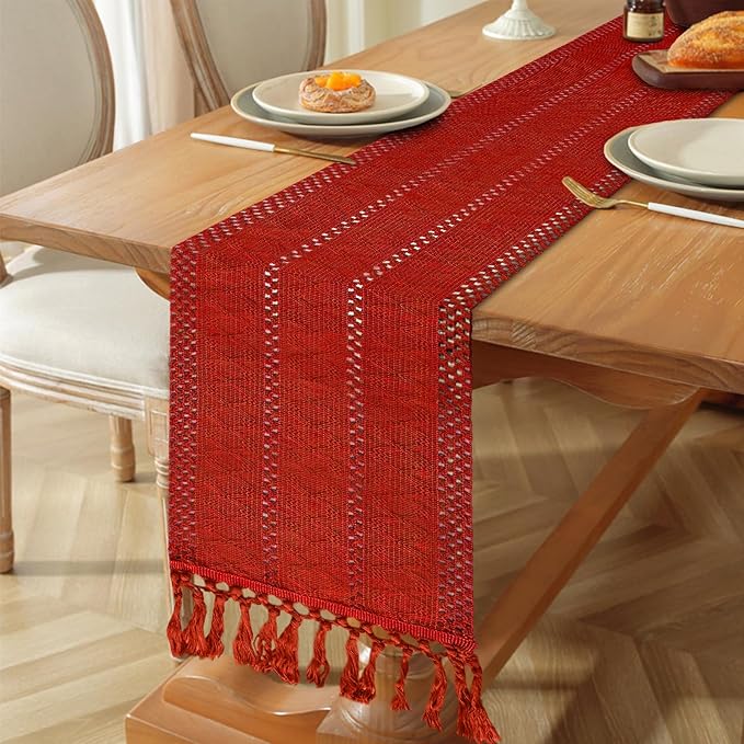 Niviy Christmas Table Runner for Red Tassel Home Decor 72 Inches Long, Winter Xmas Holiday Rustic Macrame Cotton Linen Woven Coffee Table Runners for Christmas Decorations Dining Table, Red