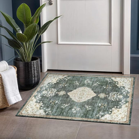 Beverly Rug Non Slip Rugs 2x3 Boho Medallion Floral Non Skid Rubber Backing Easy Silk Soft Entryway Rug for Living Room Easy to Clean Non Shedding Kitchen Bedroom Indoor Carpet (2 x 3 Green - Cream)