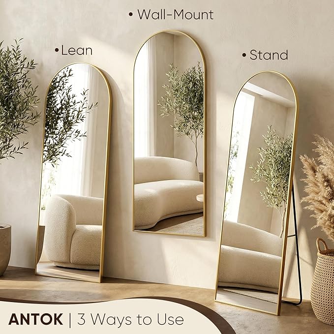 Antok Full Length Mirror, 64"x21" Floor Mirror, Arched Floor Standing Freestanding Arch Full Body Mirrors with Stand for Bedroom, Hanging Mounted for Living Room Cloakroom,Gold