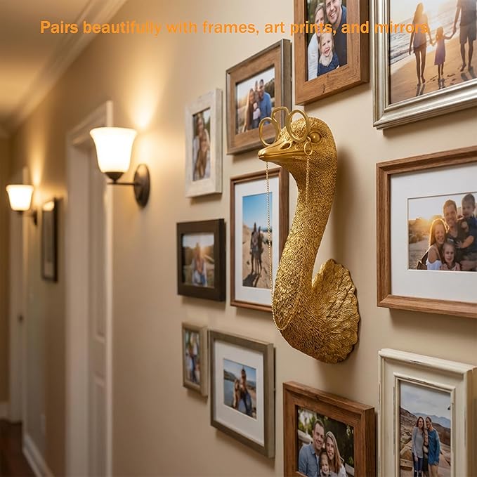 Juedawyal Gold Ostrich Wall Decor, Resin Animal Head Wall Mount Sculpture, Whimsical Modern Wall Art for Living Room, Hallway Staircase Home Office