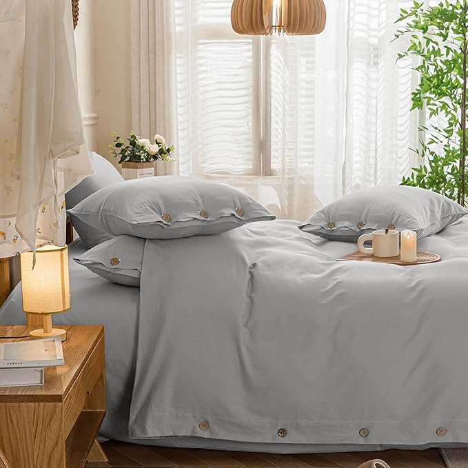 JELLYMONI Cotton Duvet Cover King Size - Light Gray Comforter Cover with Button 100% Washed Cotton 3PCS Breathable Soft Solid Bedding Set Duvet Cover 104×90in & 2 Pillowcases (NO Comforter)