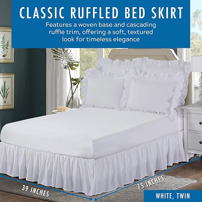 FRESH IDEAS Ideas Bedding Ruffled Bed Skirt, Classic 14” Drop Length, Gathered Styling, Twin, White FRE30114WHIT01