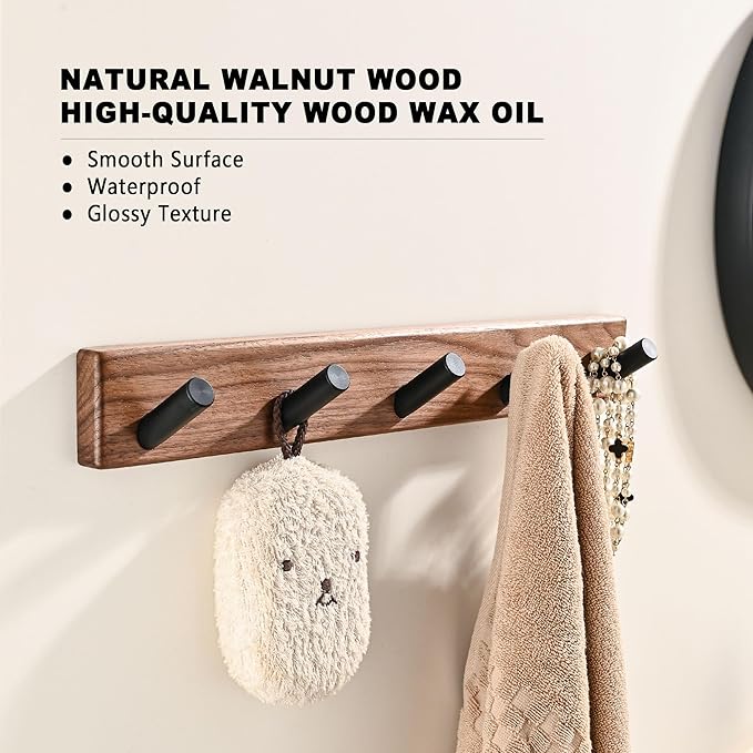 17.3" Small Wooden Coat Rack Wall Mounted with 5 Pegs Hooks, Entryway Wall Hooks Coat Hanger for Hanging Towel Jacket Clothes Hat Backpack Shoe Purse Key Holder Hook Rail by Black Walnut Wood