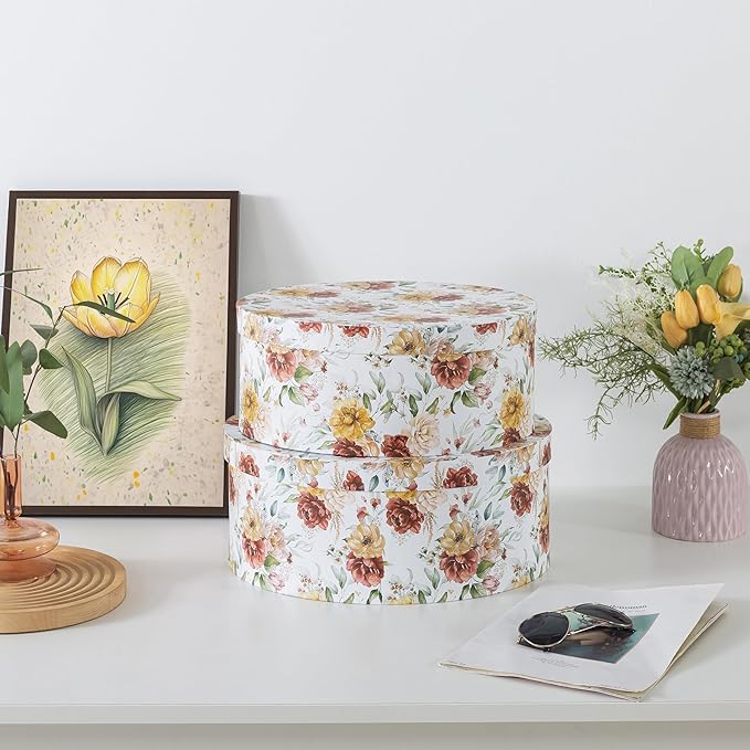 Soul & Lane Large Oval Cardboard Decorative Storage Boxes with Lids - Autumnal Elegance, Set of 2, Nesting Cardboard Storage for Flowers and Gifts, Memory Boxes for Keepsakes and Organizing