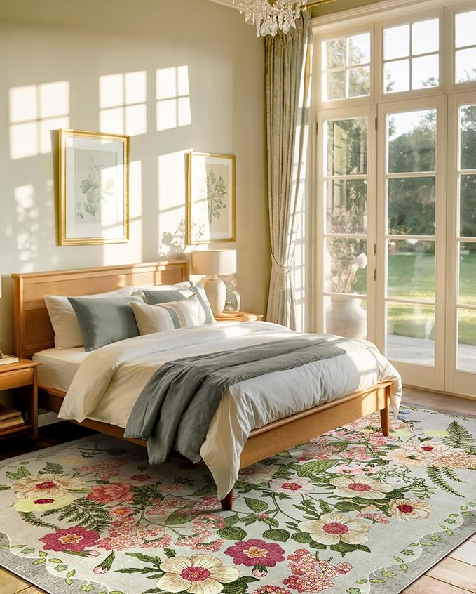 AREAMAY Floral Bedroom Rug - 4x6 Washable Area Rugs Non-Slip Soft Low-Pile Stain Resistant Carpet Flower Print Vintage Indoor Rug forLiving Room Dining Room Office Nursery Room, Grey