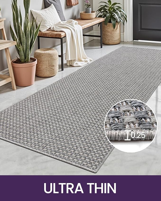 DEXI Hallway Runner Rug 3.3x6.7, Woven Braided Farmhouse Runner Carpet Indoor, Absorbent Thin Long Entryway Runners for Kitchen, Laundry Room, Patio Entrance, Checkered Grey